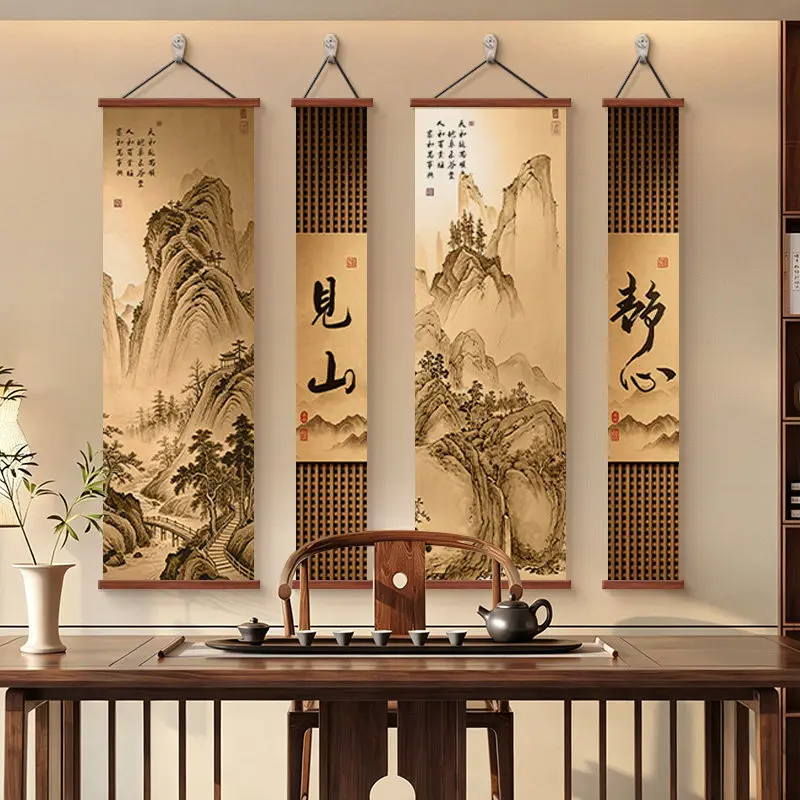 4Pcs Set Vintage Chinese Ink Landscape Scroll Wall Art, Zen Mountain Painting, Tea Room Study Entrance aesthetic room decor