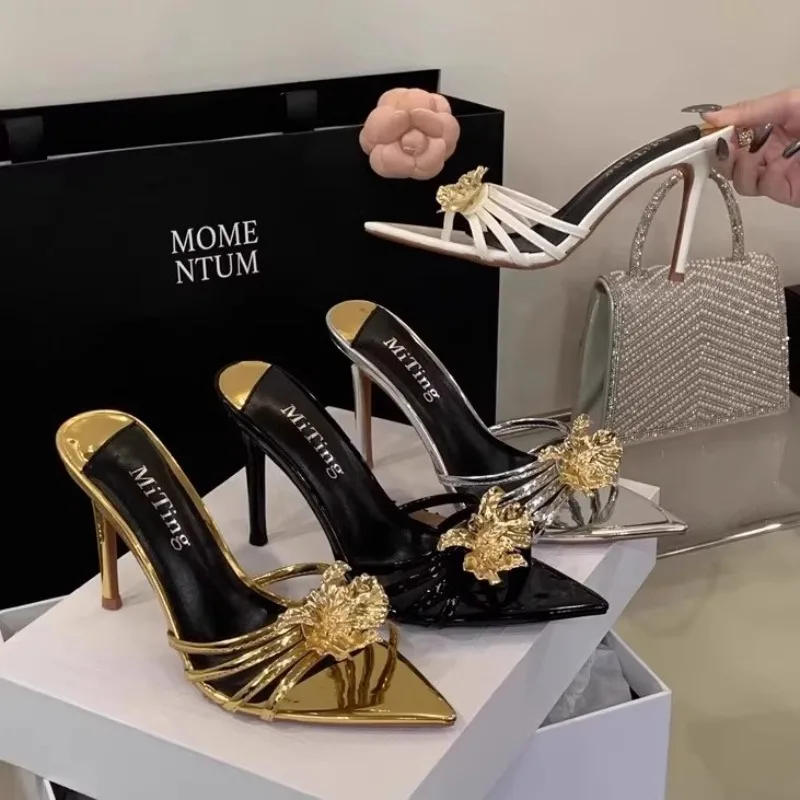 

New French style exquisite fashion sandals for women in summer 2025, black sandals, metal flower slim heels, high heels