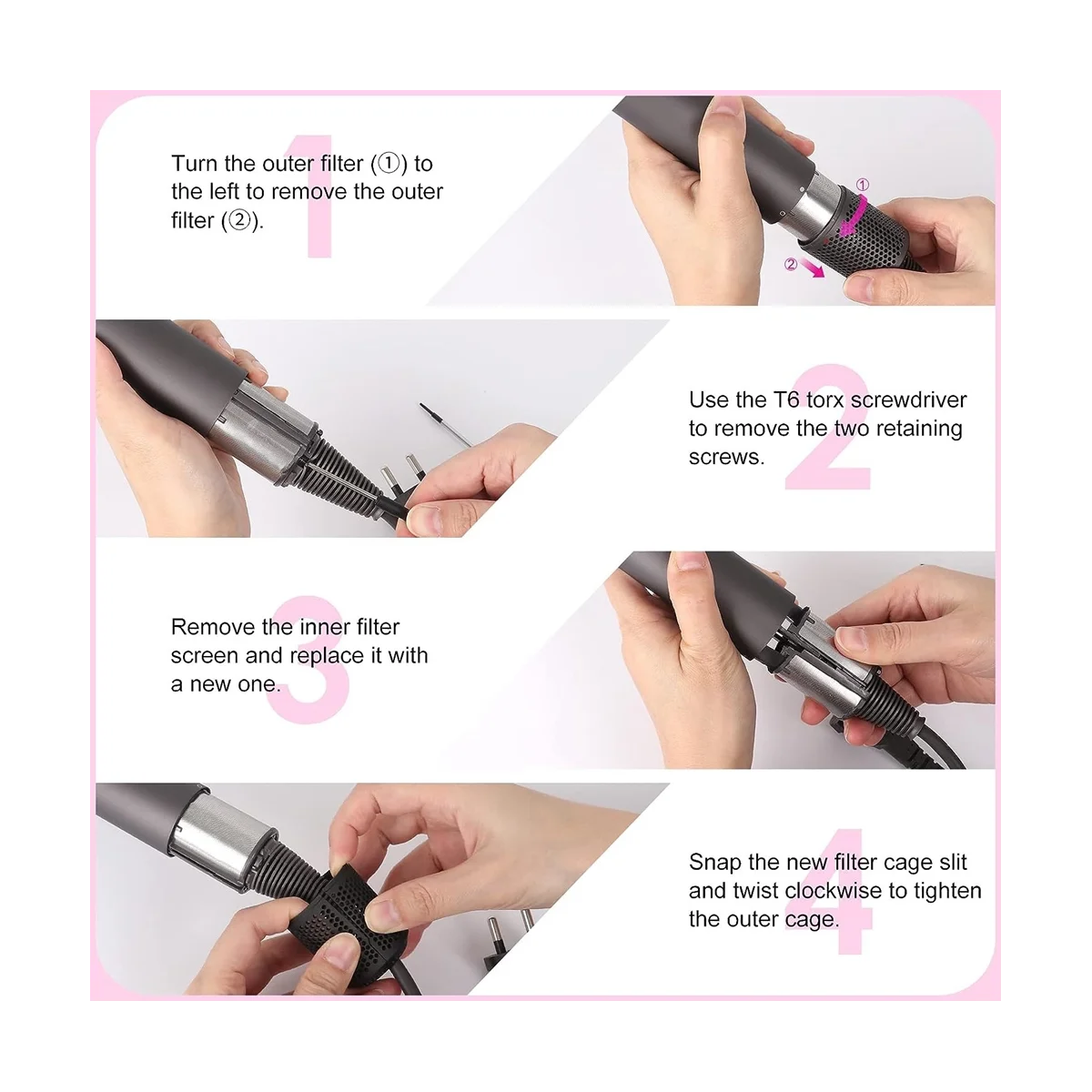 Filtro interno de secador de cabelo + gaiola de filtro externo para modelos de secador de cabelo HD01 HD03 HD08, com escova de limpeza de filtro A