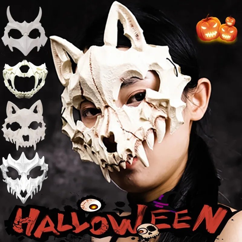 2024 Maska na Halloween Maska na pół twarzy Kość Czaszka Cos Dragon God Fierce Tiger Night Fork Tengu Man Wolf Maska Performance Maski z czaszką