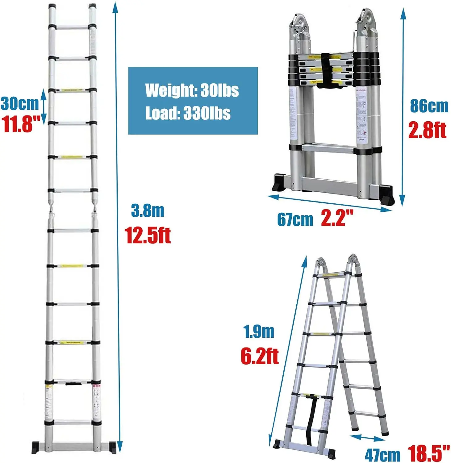 Ladder 12.5ft 6 + 6 Steps Adjustable Height with Support Bar Anti-Slip Feet, 330lbs Max Load, Folded Height 2.7ft Space Saving E