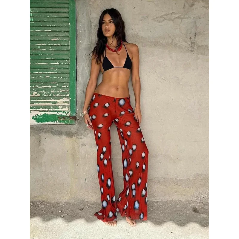 Beach Vacation Printed Shirt Pant Set Women Red See Through Lapel Full Sleeve Button Shirts Pants Suit 2026 Summer Casual Outfit