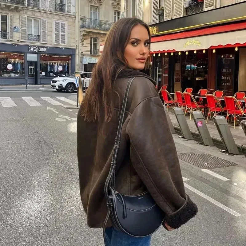 Trendy Woman Faux Leather Jackets Thick Warmth Coat Autumn Winter Fashion Chic Traf Streetwear Lapel Outerwear Wool Blends