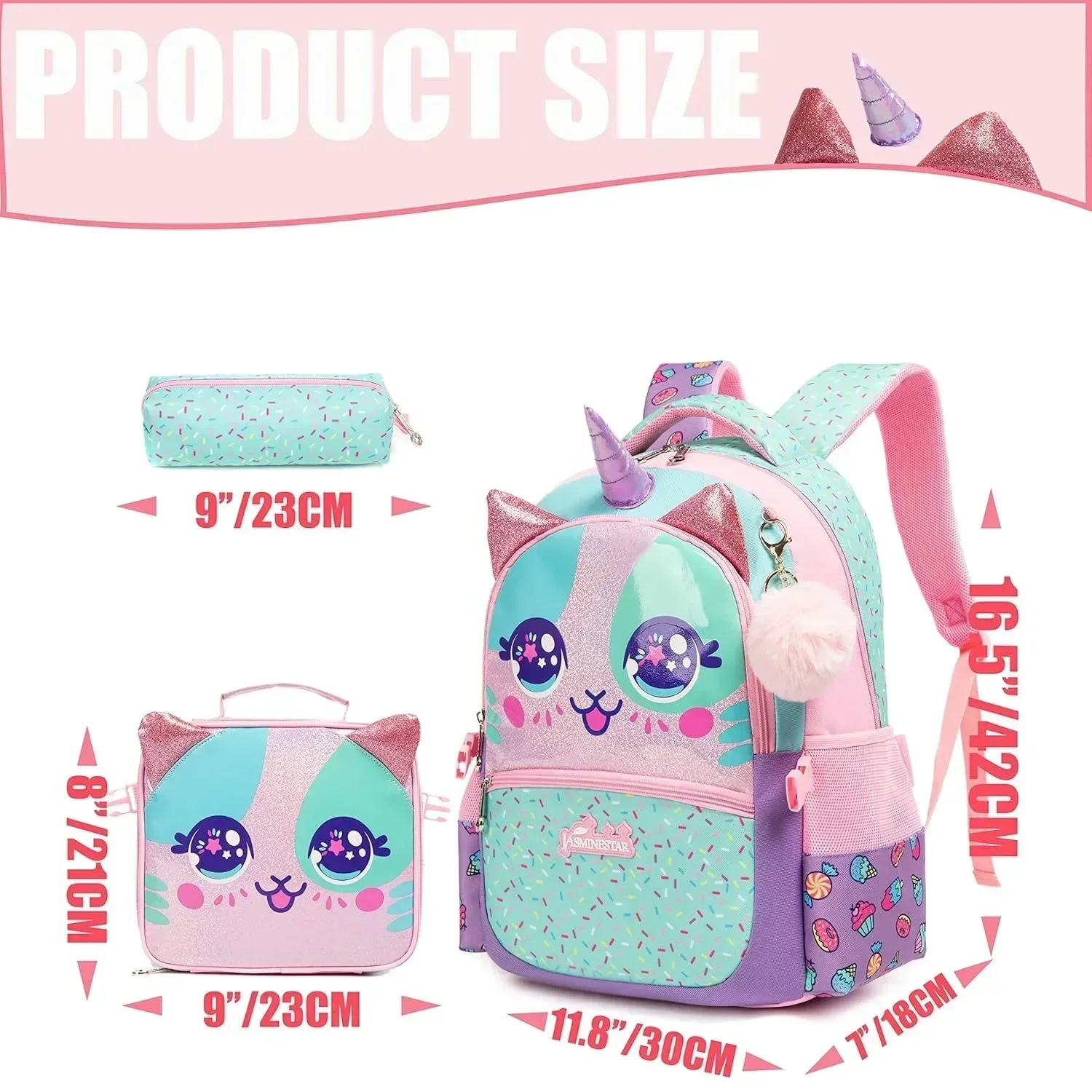 Primary School Backpack for Girls Set 16 Inch Cute School Bags for Kids for Elementary Students Kindergarten BookBag