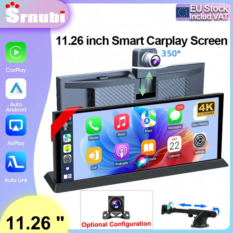 Srnubi 11,26 Zoll 4K Dashcam Auto-DVR Kabelloses CarPlay Android Auto Mirror Link Navigation Dual-Linsen-Videorekorder AUX BT Monitor