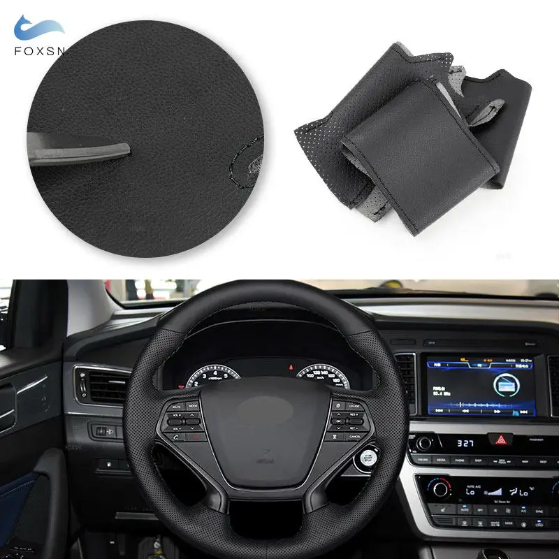 Black Car Accessories Perforated Leather Interior Steering Wheel Cover Sticker Trim For Hyundai Sonata 9 2015 2016 2017 4-Spoke