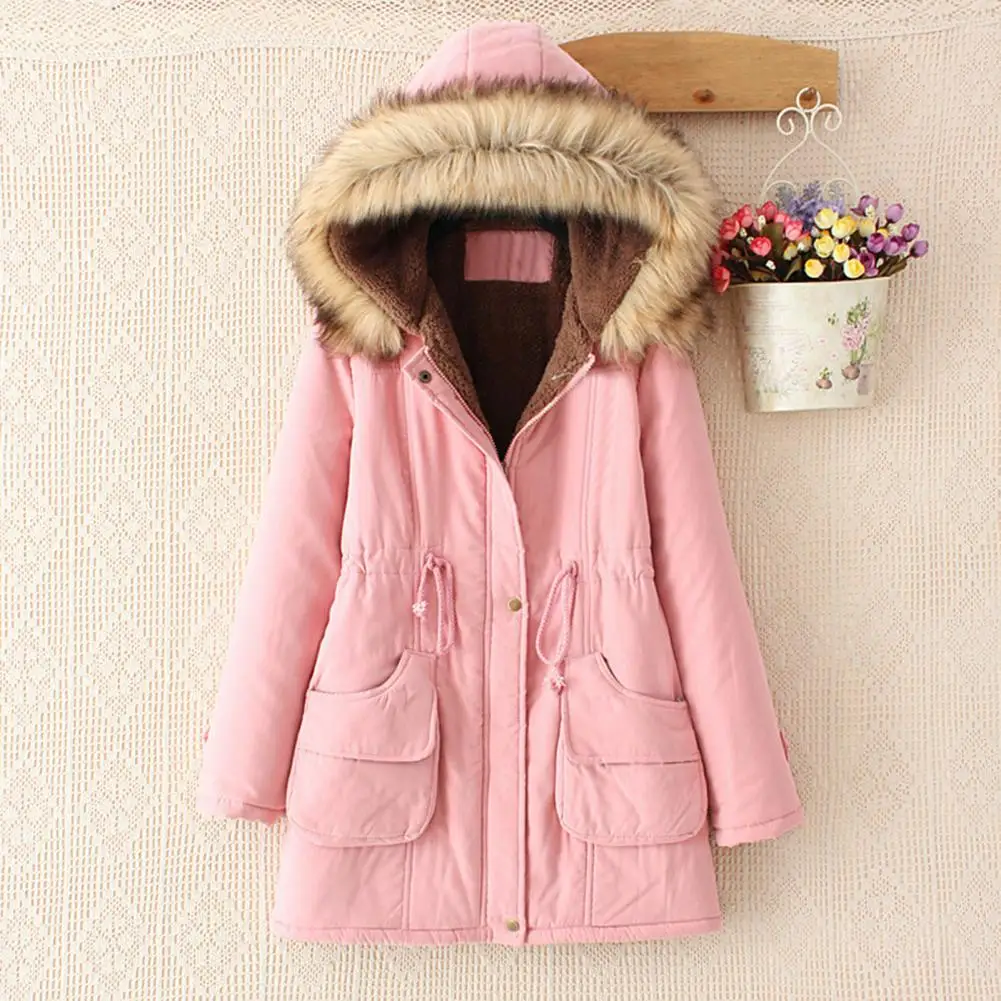 Winter Women's Cotton Coat Drawstring Waist Slim-fit Artificial Fur Hat Wool Lined Zipper Jacket Medium Long Coat