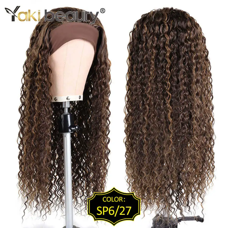 Synthetic Kinky Curly Headband Wigs for Black Women Long Deep Wave Wig With Headband Attached Afro Curly Organic Headband Wig