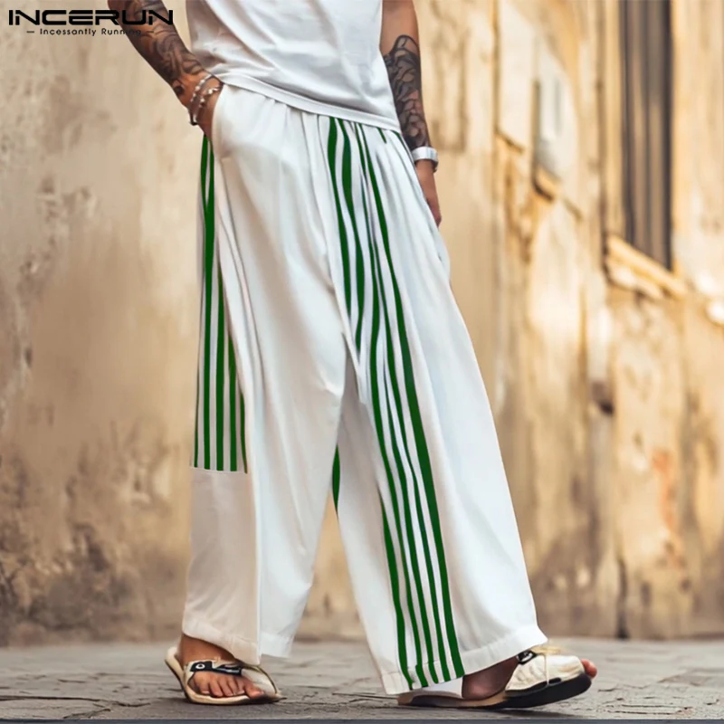 

Men Pants Striped Elastic Waist Loose Joggers Wide Leg Straight Trousers Men Streetwear 2025 Fashion Long Pants S-5XL INCERUN