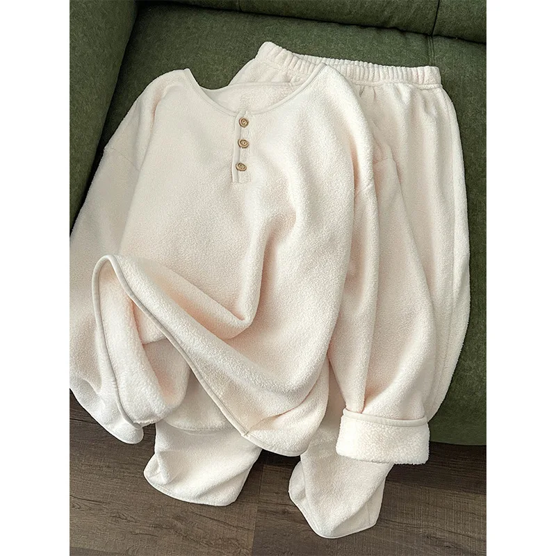 

Korean Style Flannel Trouser Suit Women Autumn And Winter Fleece-lined, Warm Loungewear Style Top + Trousers 2-piece Set Pajamas