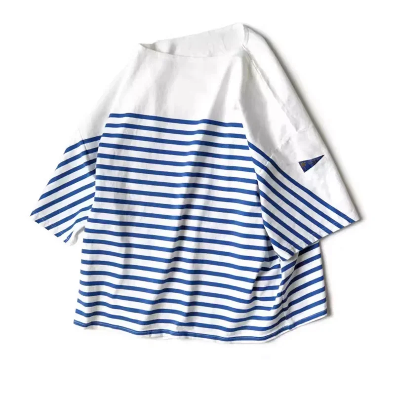 

22SS KAPITAL Hirata Kazuhiro blue and white striped color matching loose three-flag five-quarter sleeve round neck short-sleeved