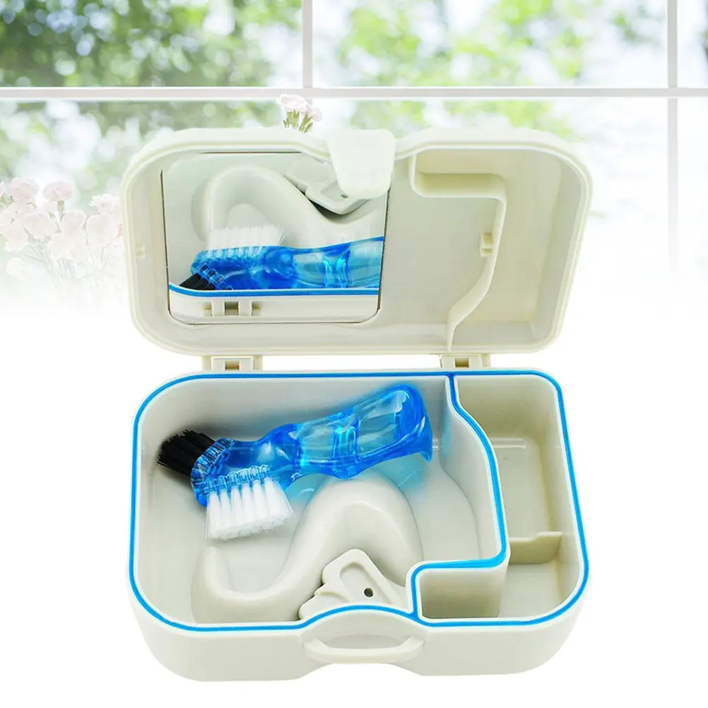Portable Denture Case with Mirror – White False Teeth Storage Box for Dental Retainer, Mouth Guard & Cleaning