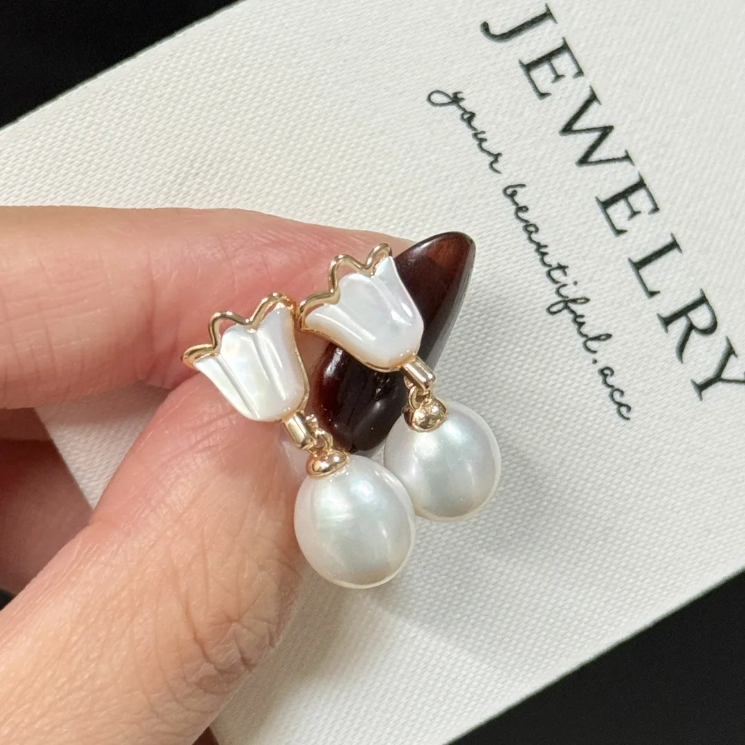 

Tulip Flower Pearl & Shell Dangle Earrings 14K Gold Filled 925 Silver Post Women Fine Jewelry Gift