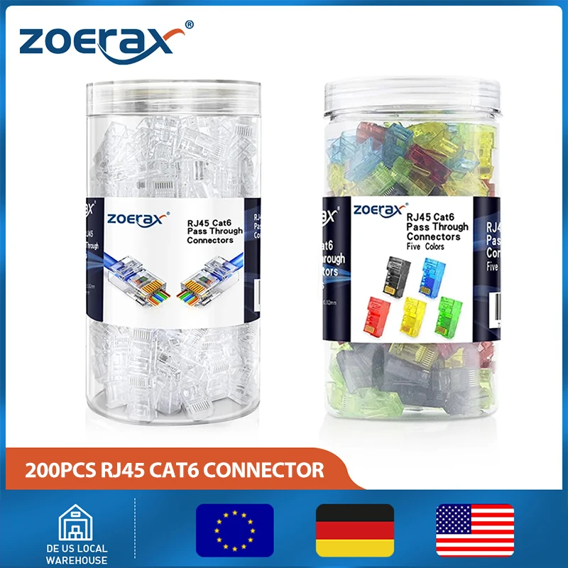 

ZoeRax 200 шт. в упаковке RJ45 Cat6 сквозной разъем Модульные вилки RJ45 для твердого или многожильного кабеля FTP/UTP CAT6 CAT5E