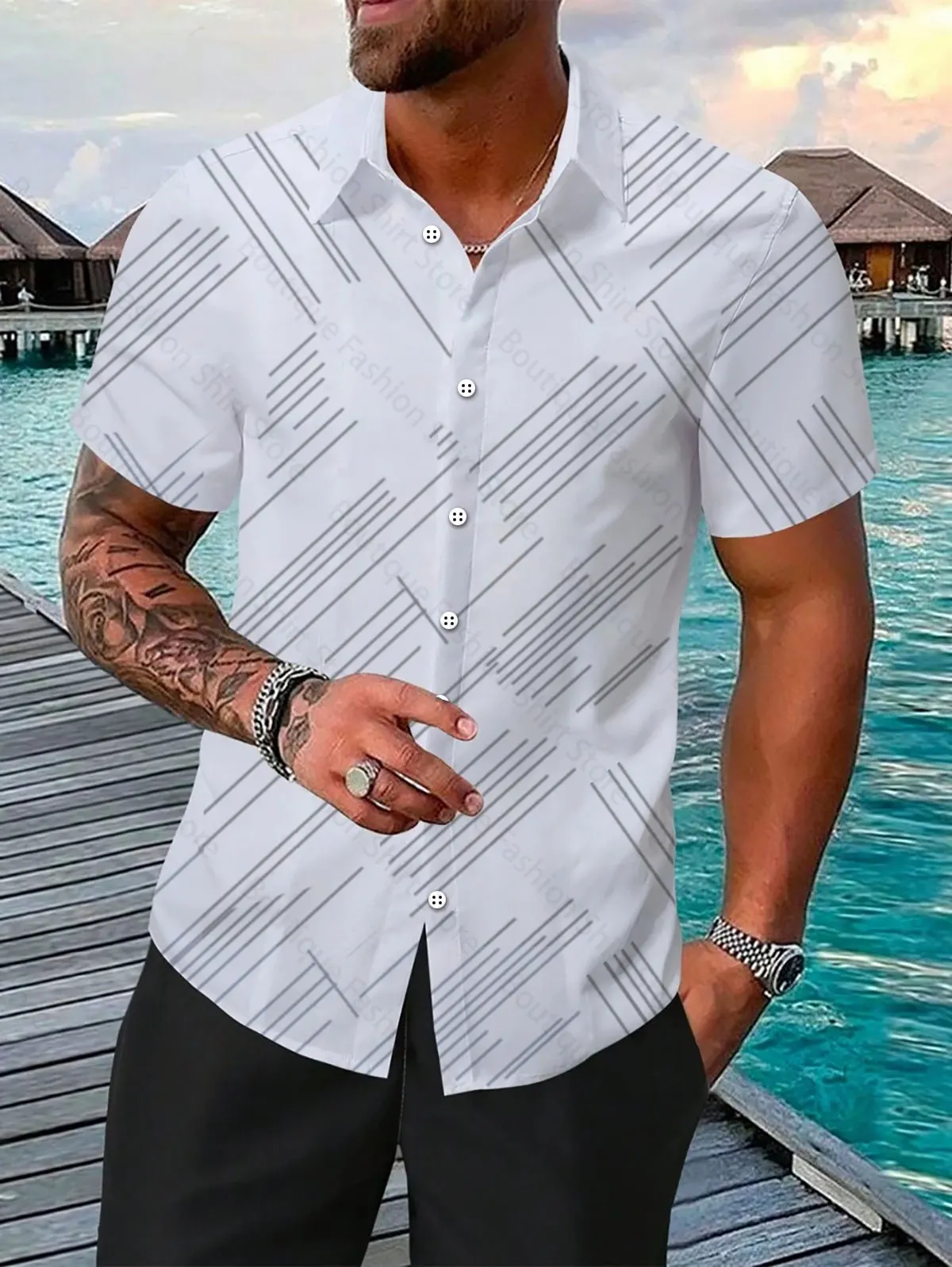 2024 Men\'s striped print short-sleeved lapel button Shirts street casual Hawaiian shirt large size XS-6XL fast delivery