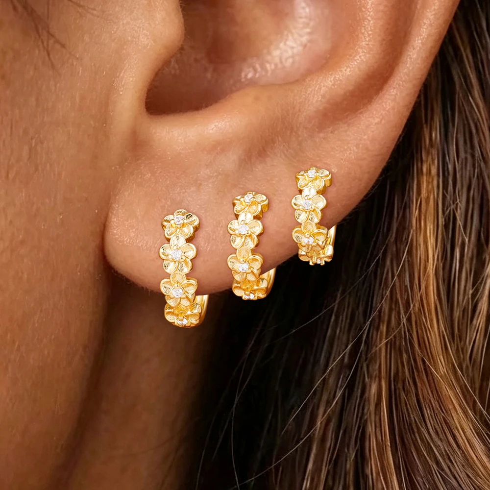 3PCS Fashion Zircon Flower Hoop Earrings Set For Women Vintage Plant Elegant Engagement Birthday Jewelry Gift 8/10/12mm