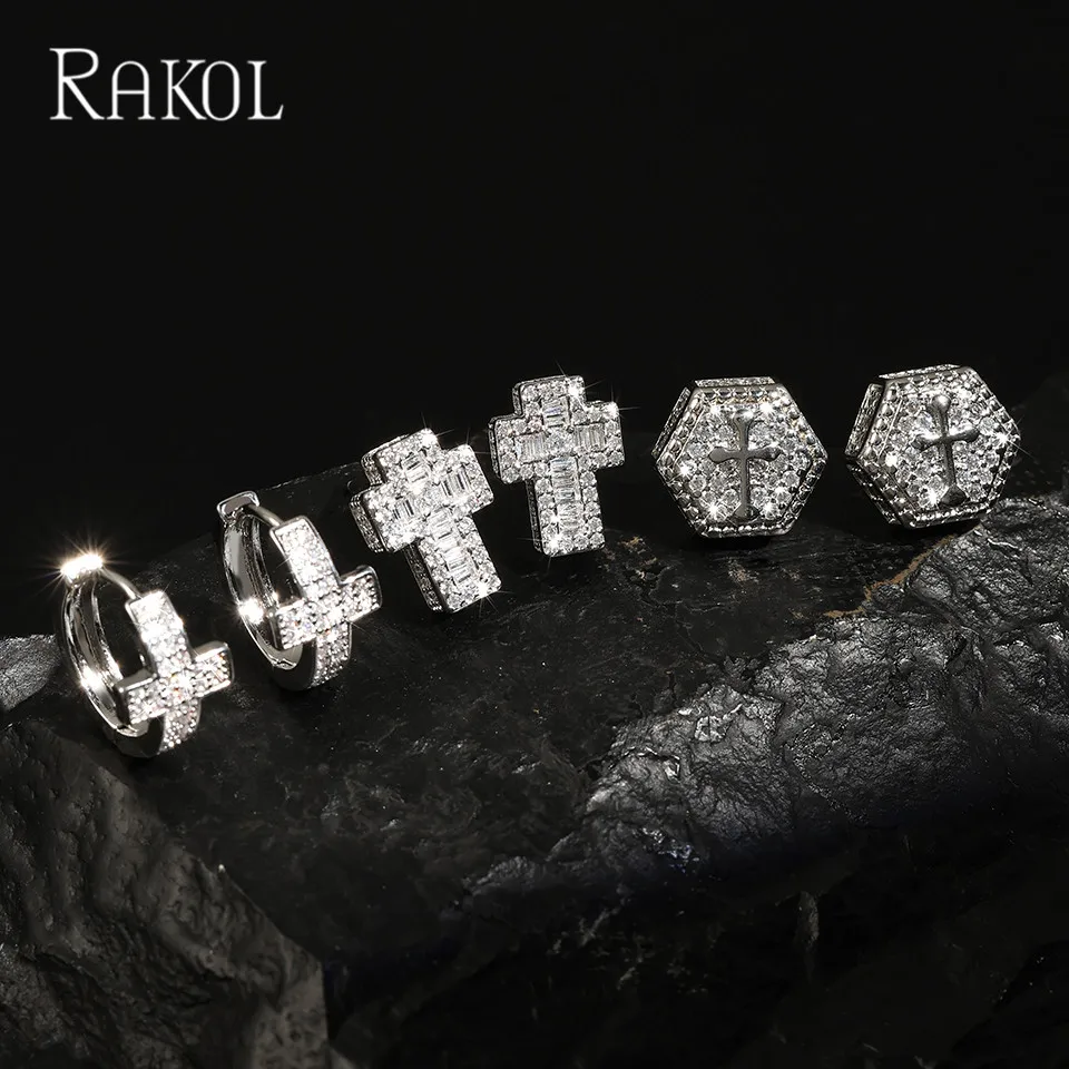 

RAKOL 1Pair Punk Silver Color Cross Stud Earrings Iced Out Zirconia Hiphop Trend Jewelry For Men Boys Rave Party