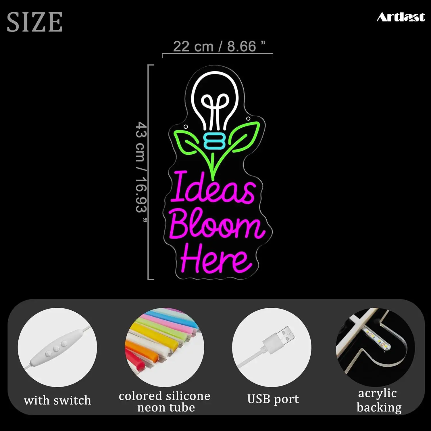 Ideas Bloom Here Neon Sign USB Dimmable LED Neon Light for Home Office Studio Classroom Dorm Motivational Creative Neon Wall Art