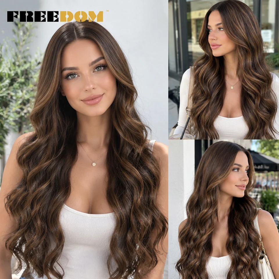 FREEDOM 13x4 Synthetic Lace Front Wigs For Women 26 Inch Body Wave Free Part Lace Frontal Wig Natural Pre Plucked Daily Use Wig