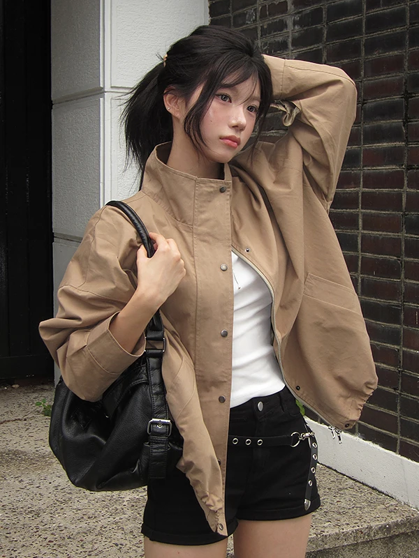 

Spring 2026 Women's Chic Vintage Color Blo Loose Jaet Outerwear Ele Personali ort Coat Button Closure Long Sve