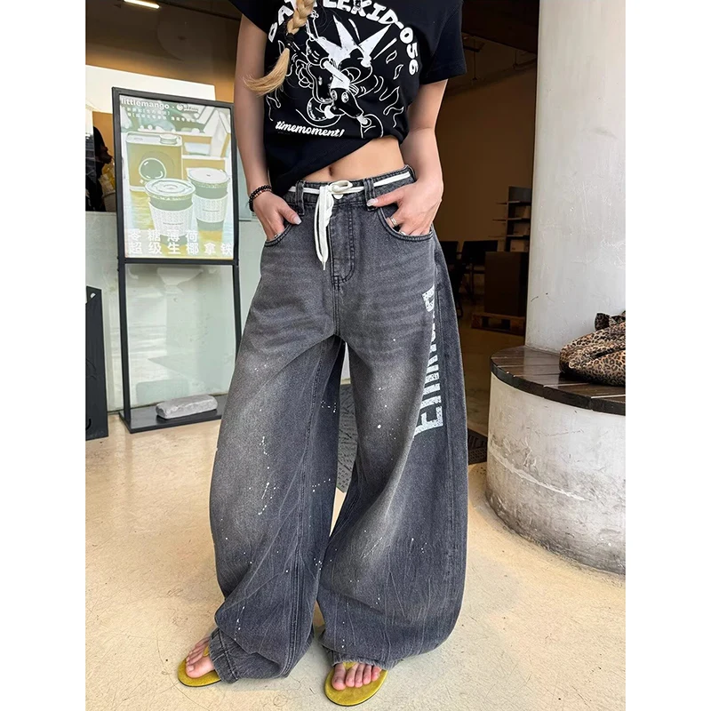 

Женские черные дизайнерские брюки с буквенным принтом, винтажная осенняя уличная одежда, милые джинсовые брюки с высокой талией, женские свободные широкие джинсы