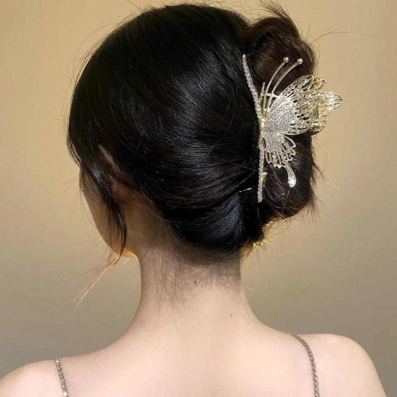 Clip de Mariposa Negra de Metal con diamantes de imitación, Cabeza trasera de tiburón, tocado grande, accesorio para el cabello de temperamento de