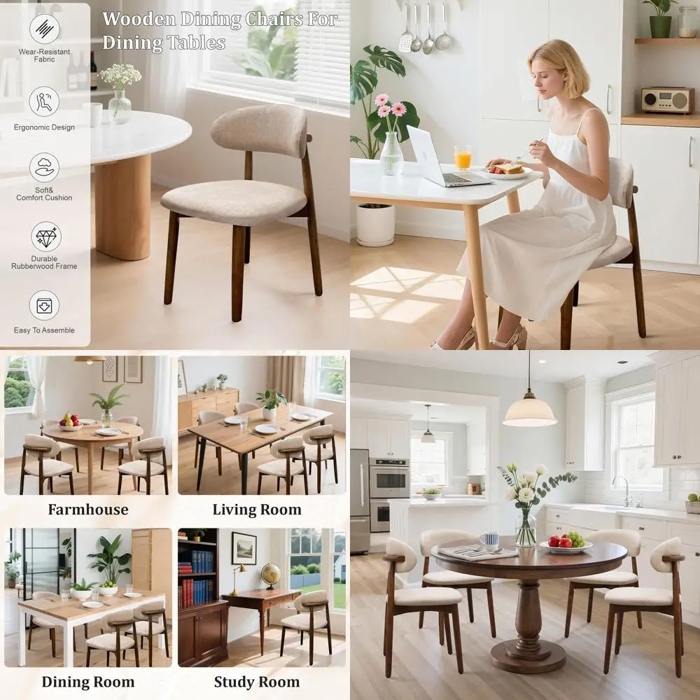 

4-Piece Modern Fabric Upholstered Wooden Dining Chairs, Curved Back Design for Kitchen & Dining Room, Light Camel (Chairs Only)