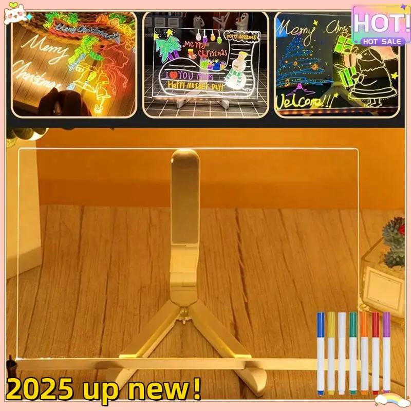 Elegante-2025 LED Color Note Board Acrílico Suporte Ajustável Placa de Mensagens, 7 Canetas Coloridas, 20X20cm.