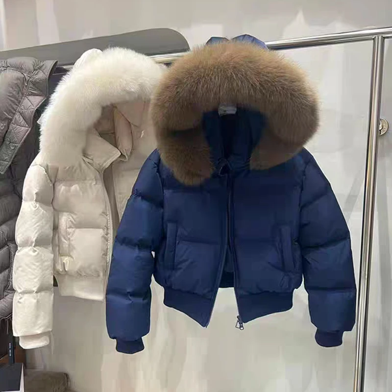 Winter Hooded Natural Fur Collar Short Down Jacket Women White Duck Down Parker Outwears Female Double Zipper Casual Jackets