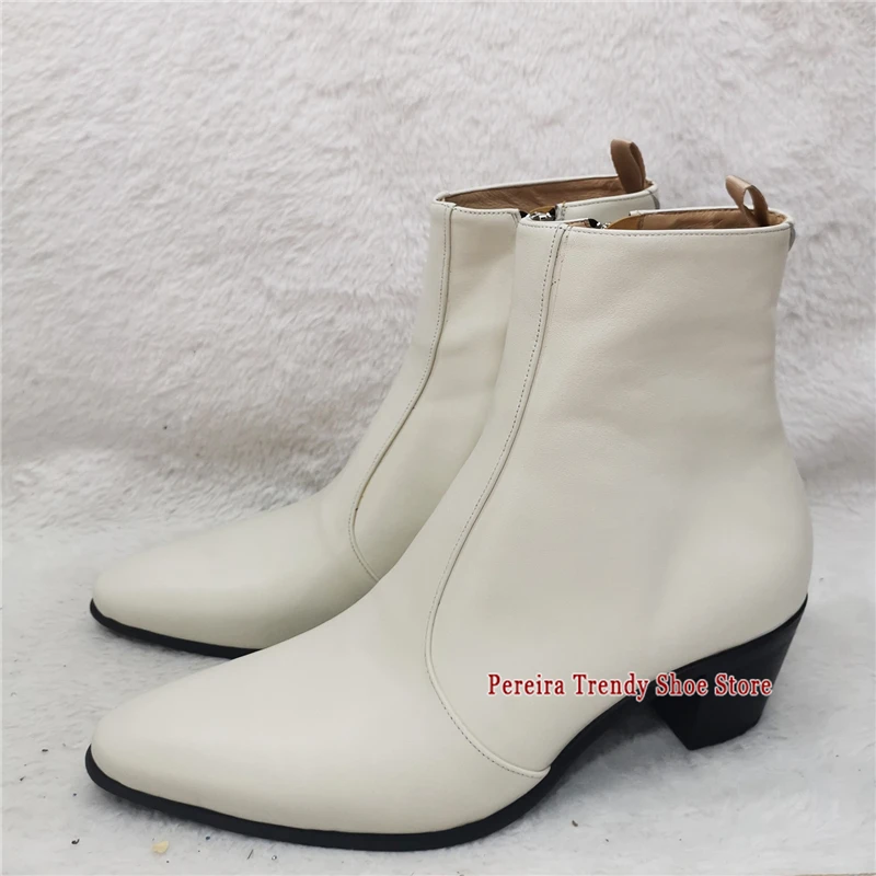 British Style Cowhide 6CM Thick Heel Chelsea Boots Black White Genuine Leather Side Zipper Short Boots Business Dress Shoes