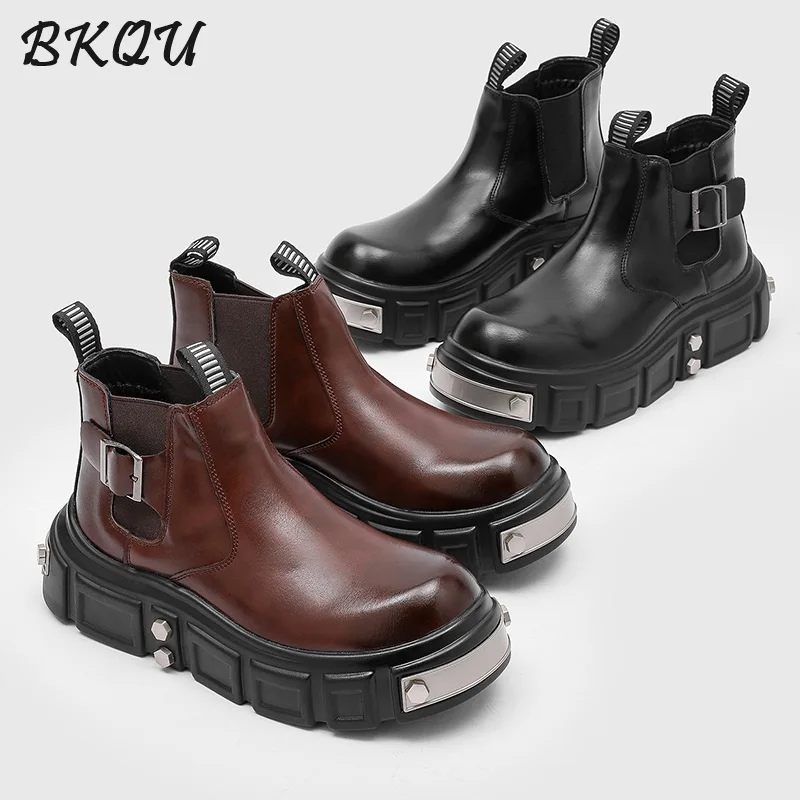 

BKQU Autumn New Collection Punk Style Chelsea Boots for Men 2025 Model Thick Soles for Heightening English Style Short Boots