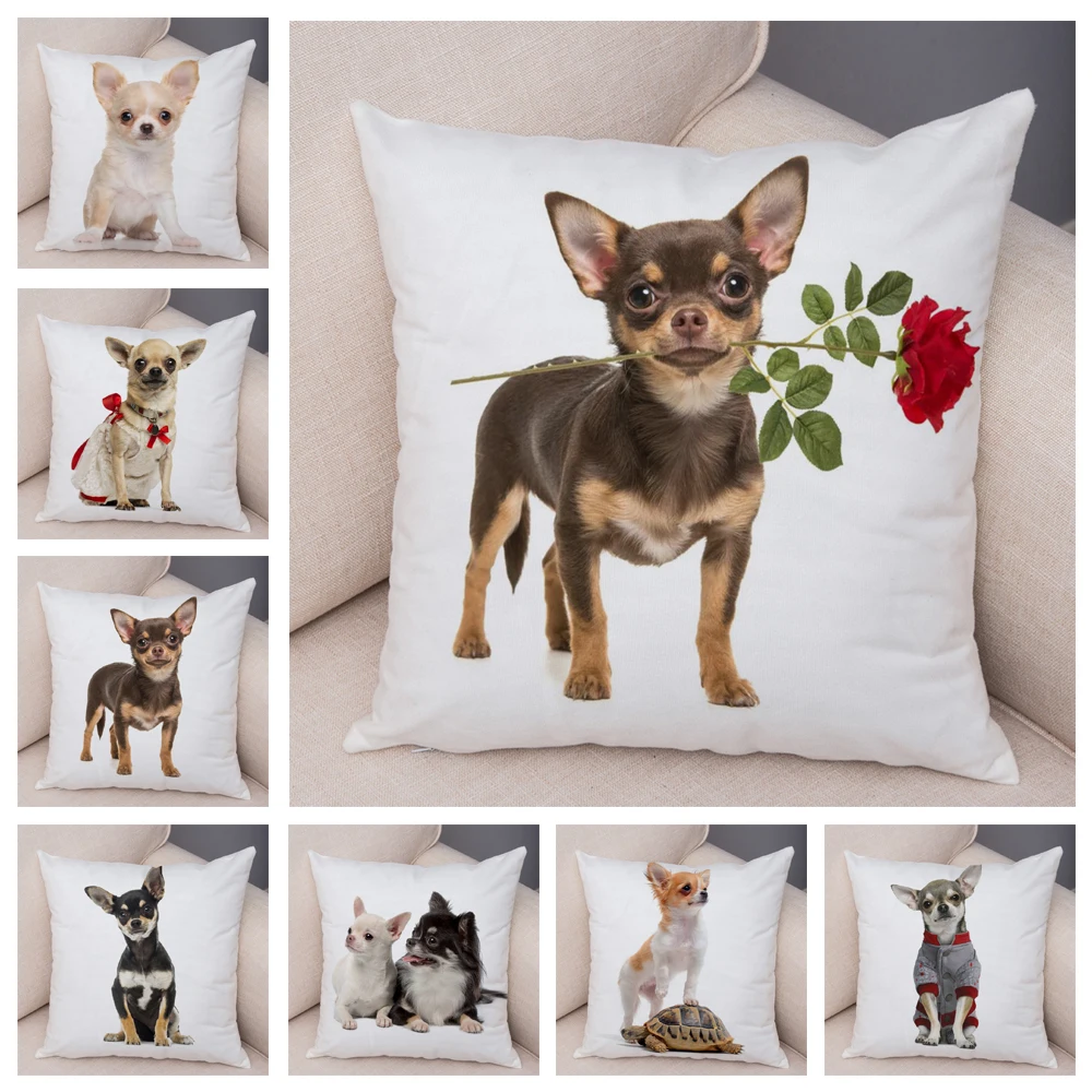 Lovely Pet Animal Pillow Case Decor Cute Little Dog Chihuahua Pillowcase Soft Plush Cushion Cover for Car Sofa Home 45x45cm