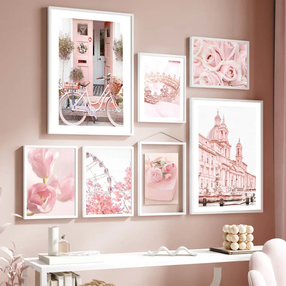 1pc frameless Canvas Painting 1pc frameless Canvas Painting Pink Castle Flower Poster Pearl Crown Rose Ferris Wheel Canvas Paint