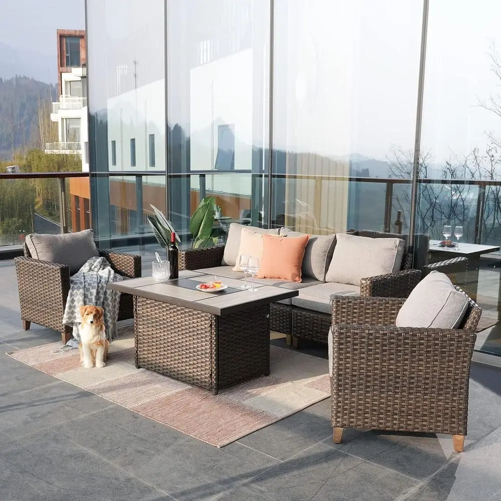 

6-Piece Conversation Set with Fire Pit, Wicker Patio Sectional Sofa, Thick Cushions for Outdoor Living