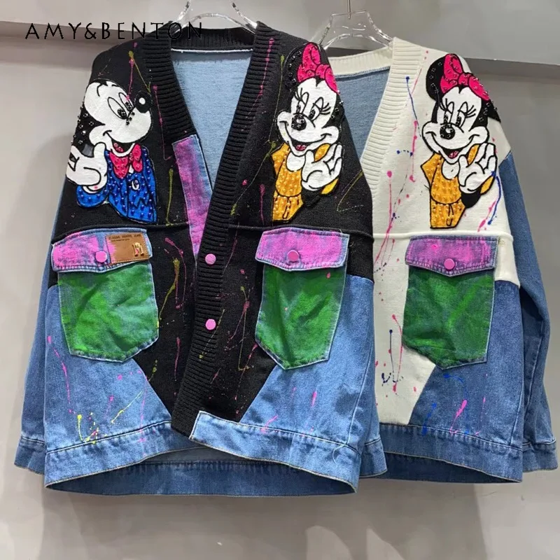 

Cartoon Graffiti Denim Splicing Sweater Cardigan Women's 2024 New Autumn And Winter Loose Knitted Jacket Single-breasted Y2k Top