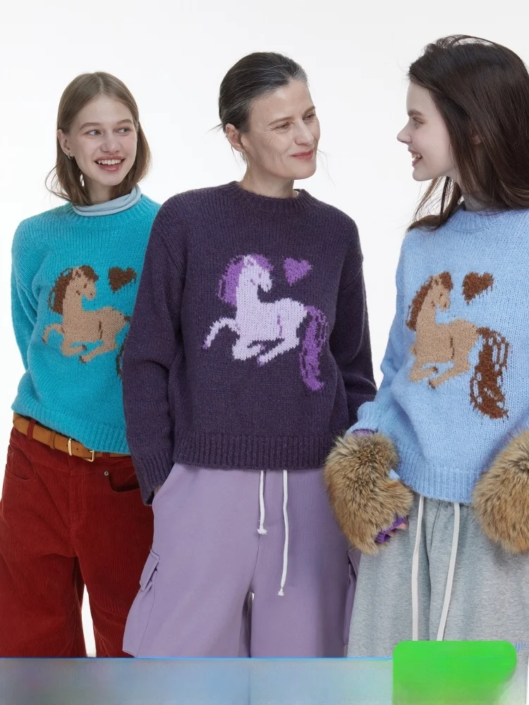 

Оригинальный модный вязаный свитер DNT с цветными блоками и круглым вырезом, новогодний дизайн, повседневный свободный крой, теплый топ с длинными рукавами