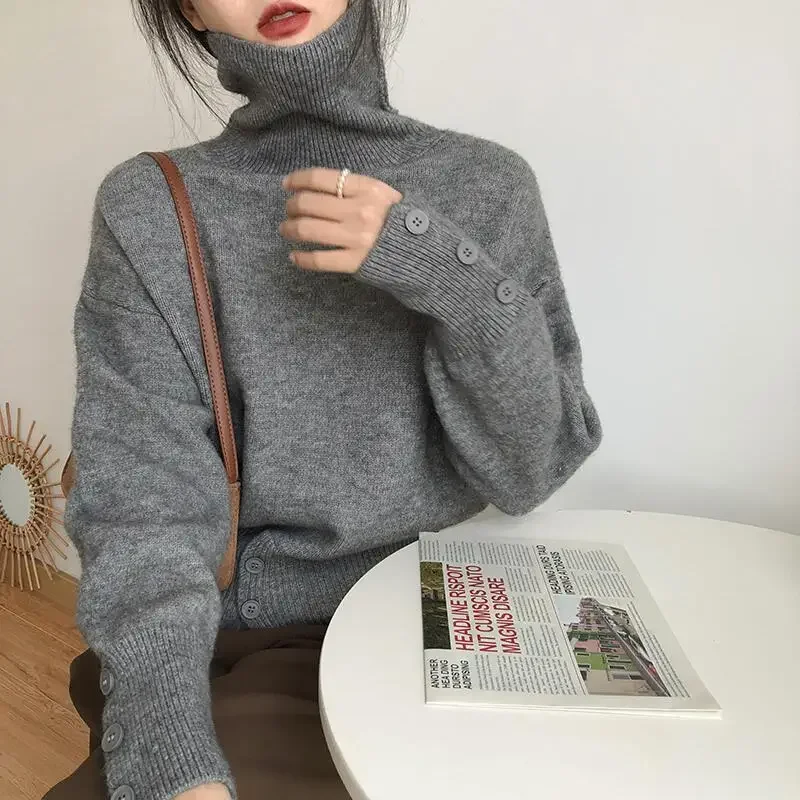 Turtleneck for Women autumn Winter Retro Buttons Knit Sweater Female Loose Soft Solid Color Korean High-necked Sweater Women