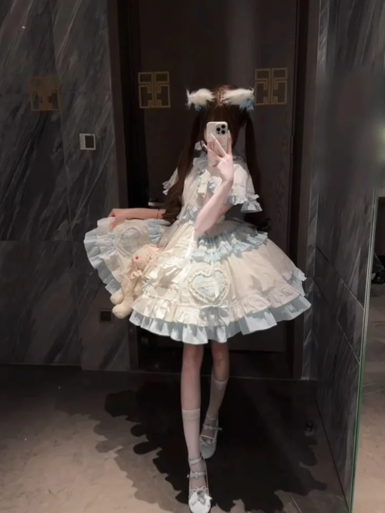 Abito a mantella blu e bianco a forma di cuore per matrimonio, compleanno in arrivo