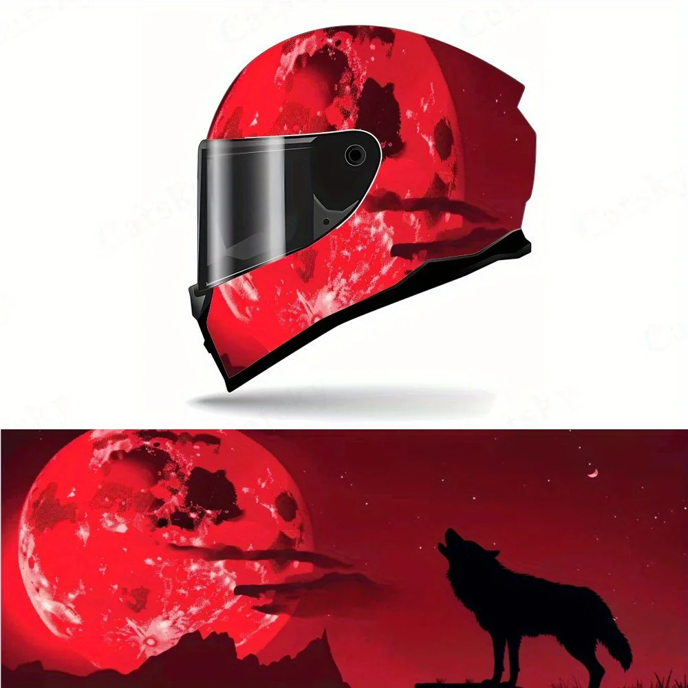 Red Moon Wolf Howling Helmet Personalized Sticker - Waterproof and Scratch-resistant PVC, Dark Art Design, Suitable for Multiple