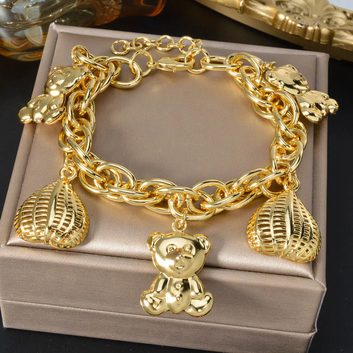 Cute Bear Heart Lock Matching Bracelets Set for Girls Teens Gold Plated Adjustable Bangle Best Friend Gift for Party