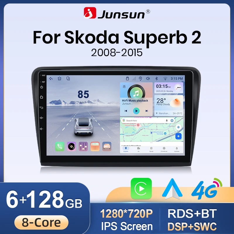 Junsun Kabelloses Apple CarPlay Android Auto für Skoda Superb MK2 3T 2008-2015 Android Autoradio GPS-Navigation IPS-Touchscreen DSP RDS Bluetooth WiFi SWC Multimedia-Stereoanlage mit Eingebautem