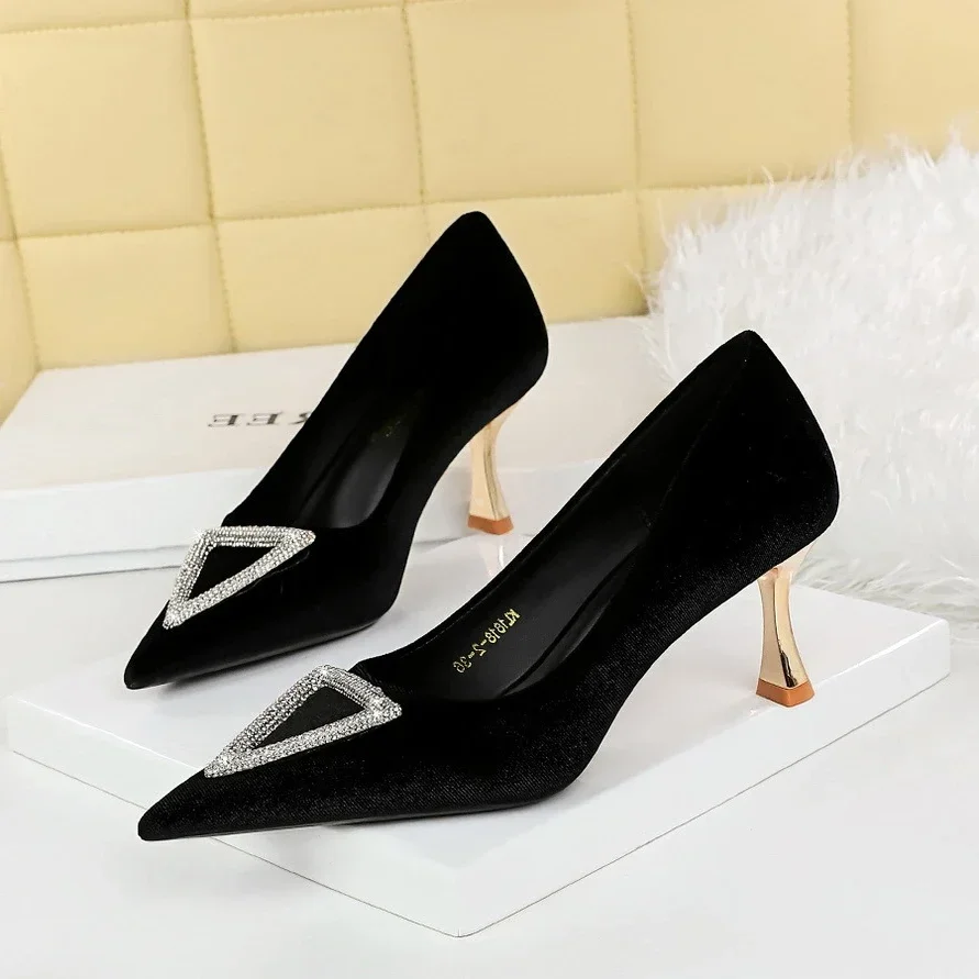 BIGTREE Women 7cm High Heels Velvet Pumps Wedding Bride Prom Heels Luxury Designer Replica Rhinestone Pointed Toe Suede Shoes