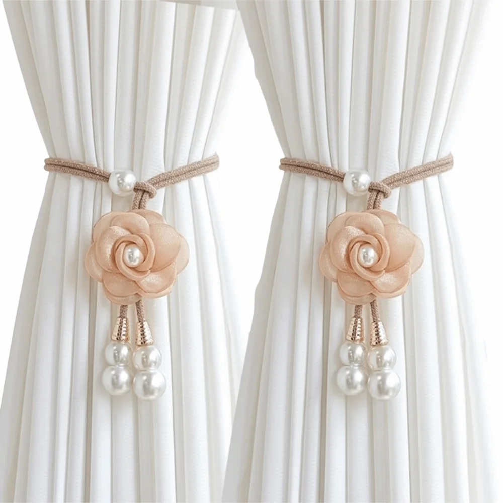 2Pcs Modern Floral Curtain Tiebacks Minimalist Pearl Camellia Curtain Tiebacks Adjustable Pearl Pendant Curtain Holdbacks