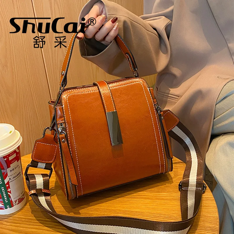 Genuine Leather Women\'s Bag Tote Shoulder Crossbody Bag Female Bucket Bag