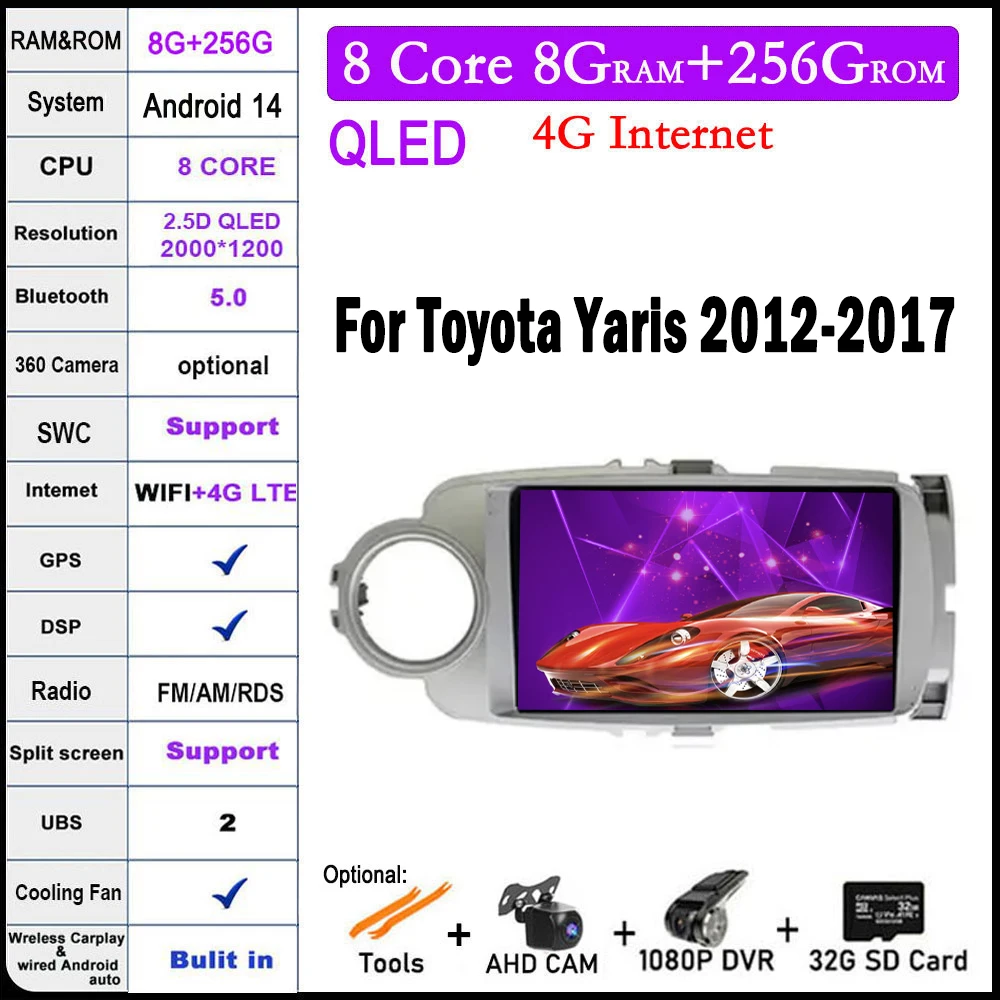 

10 lnch For Toyota Yaris 2012-2017 DSP Android 14 Car Radio Video Player Carplay 4G+wifi Multimedia Auto GPS Stereo Screen