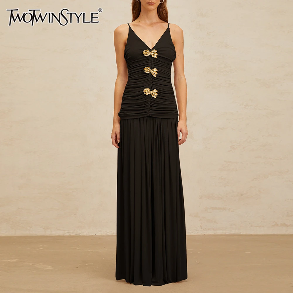 

TWOTWINSTYLE Solid Slimming Spliced Folds Two Piece Sets for Women V Neck Sleeveless Patchwork Sequined Top Skirt Set Female New