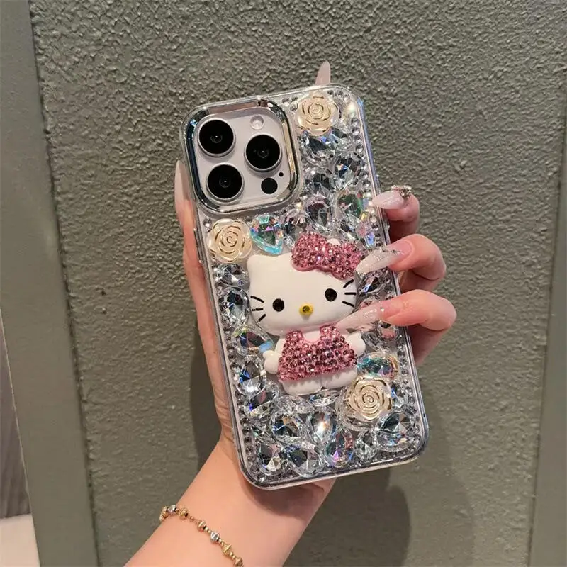 Kawaii مرحبا كيتي قضية الهاتف المحمول آيفون 12 13 14 15 16 برو ماكس لطيف Kt كامل اللؤلؤ سانريو أبل جراب هاتف حجر الراين هدية