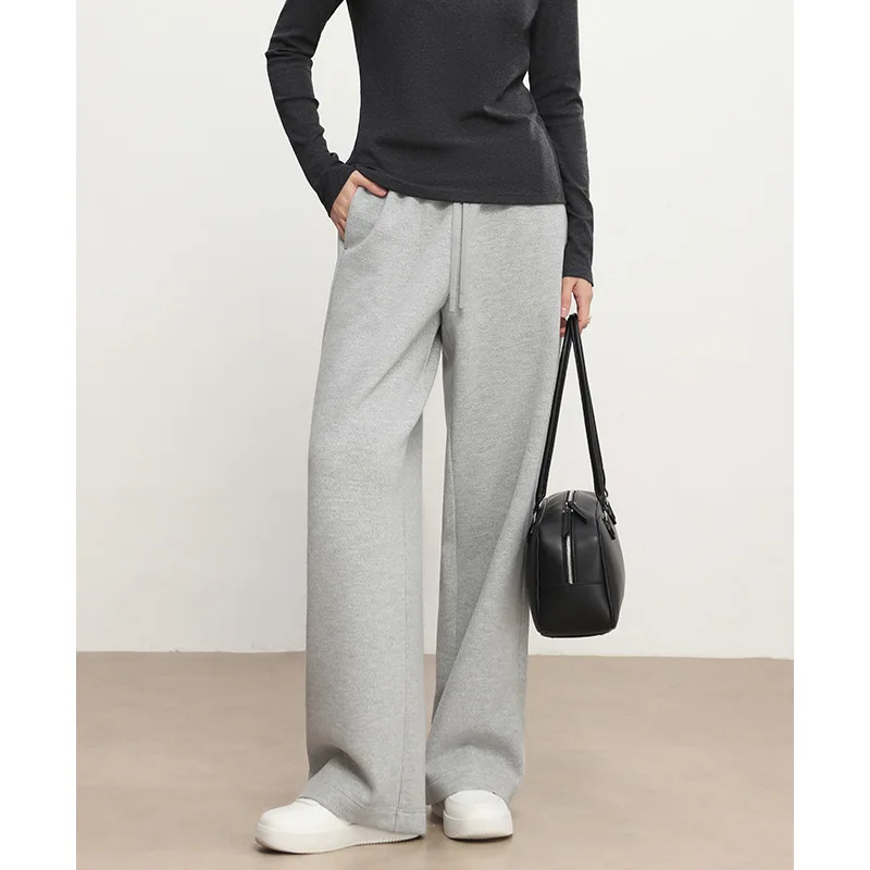 2025 Women's Fashion Autumn New Casual Brushed Warm Elastic High Waisted Loose Drawstring Solid Color Wide Leg Pants