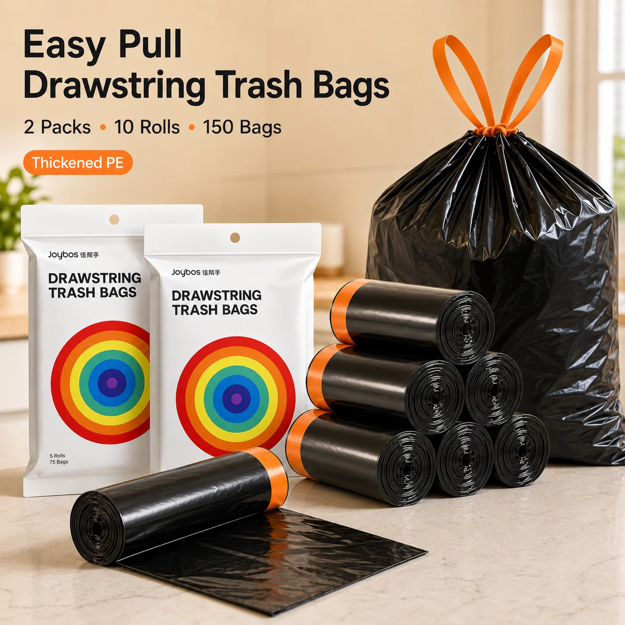 Joybos Easy Pull Drawstring Trash Bags, Thickened PE Kitchen & Bathroom Garbage Bags, 2 Packs 150 Count