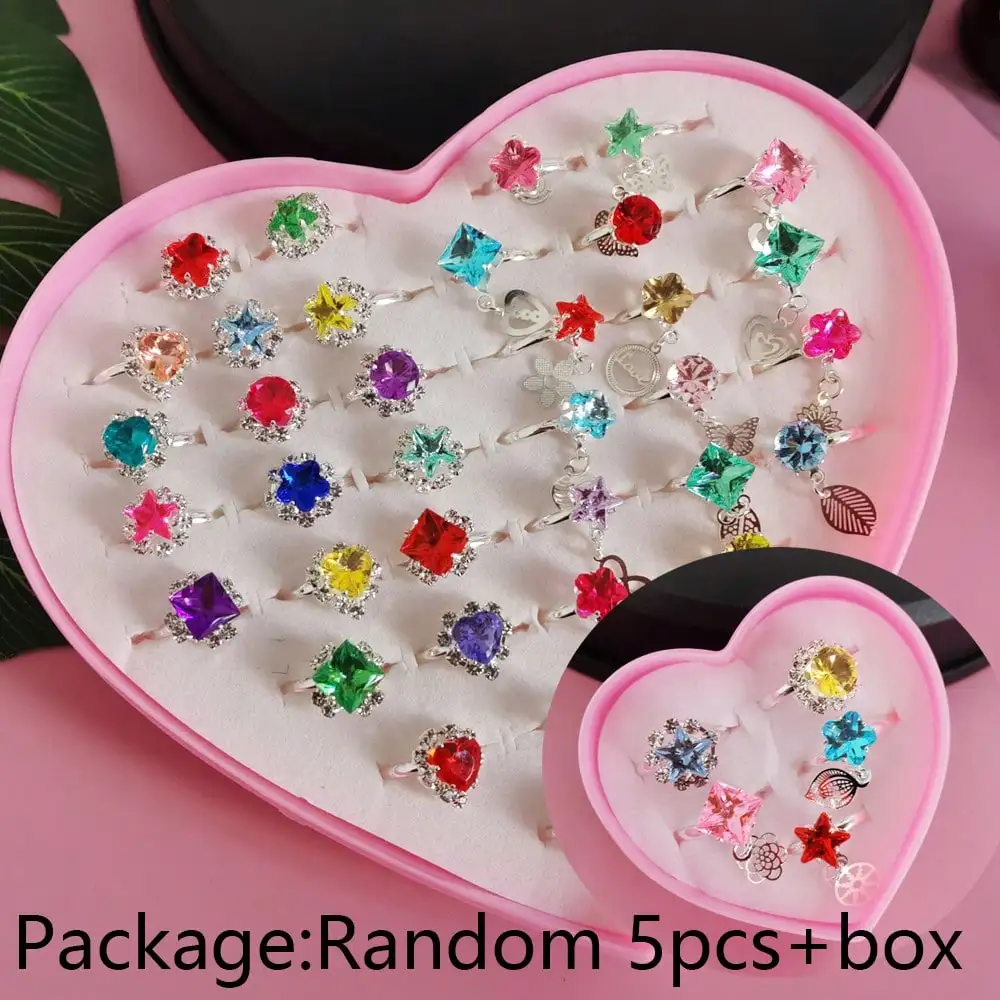 5pcs/Box Zircon Rings For Girls Kids Child Jewelry Adjustable Little Crystal Play Box Gift Toy Pretend Dress Up Rhinestone Ring